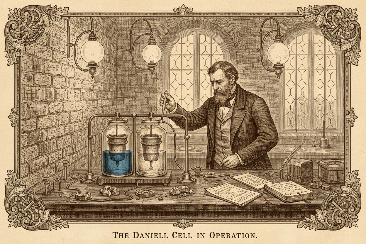 Depict John Daniell operating a two-fluid cell in a laboratory setting, against a backdrop of Victorian-era brick walls, with copper and zinc electrodes and glass vessels arranged on a table.