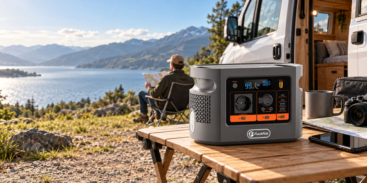 FlashFish E106B in an RV workspace for a camera media offload plan