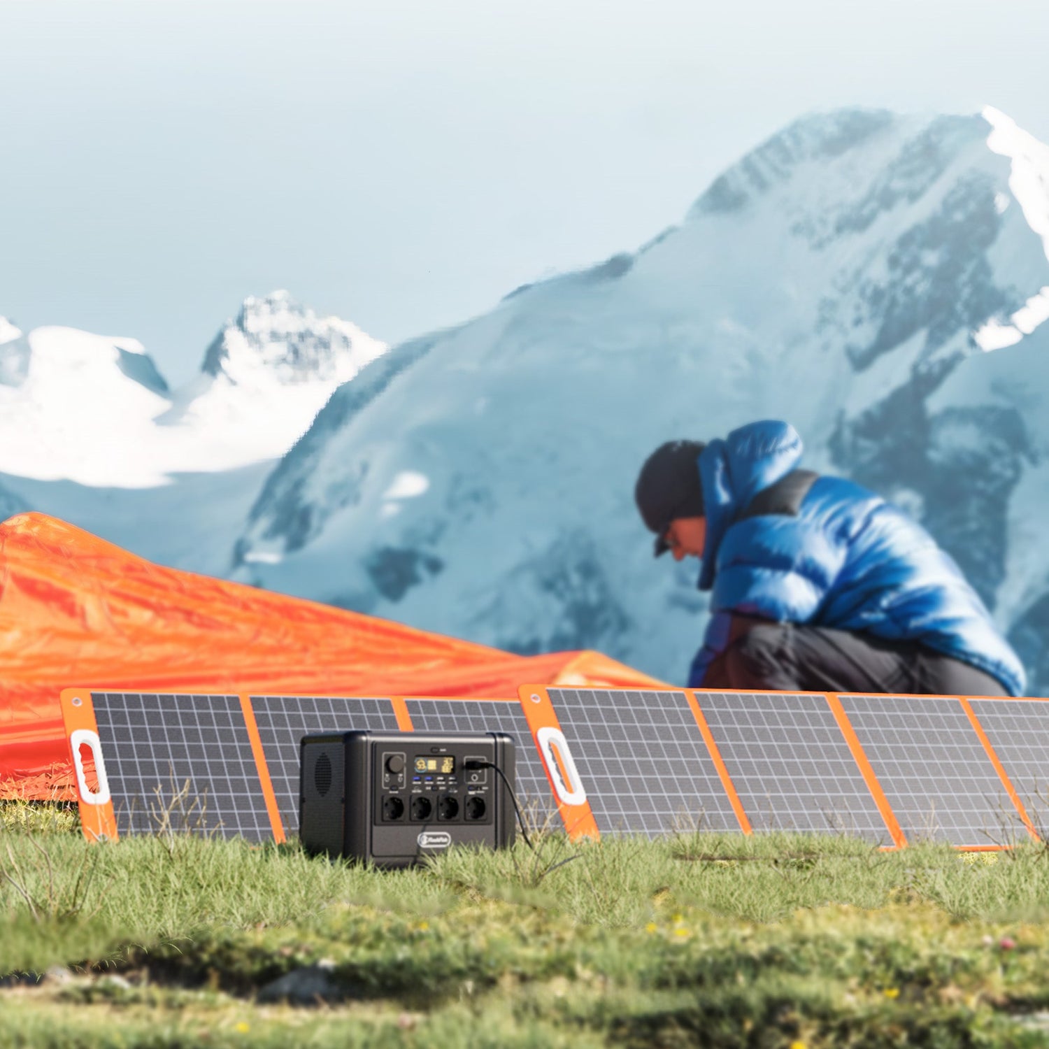 Two FlashFish foldable solar panels at a mountain campsite for a T1200S panel-count decision