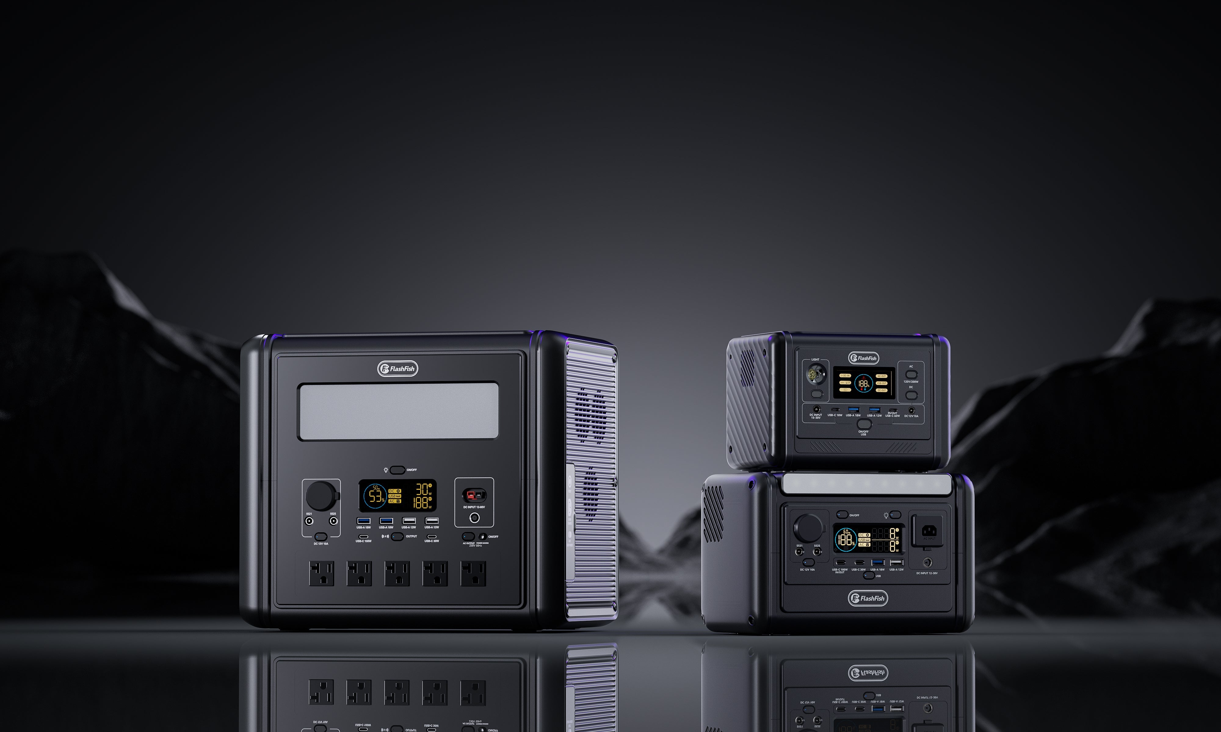 Three FlashFish portable power stations shown as current battery products in a solid-state technology guide