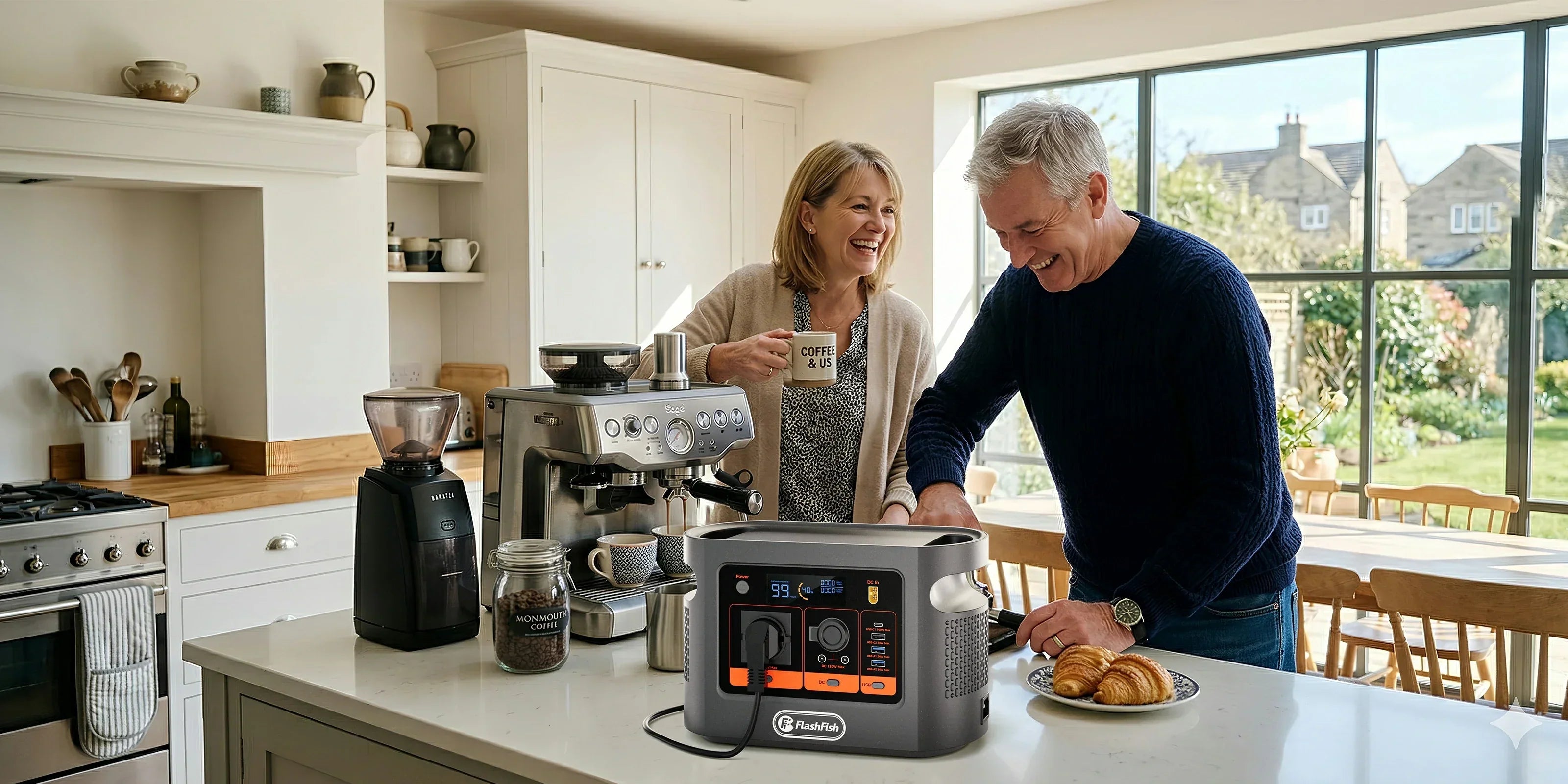 FlashFish E106B display visible in a home appliance setup for a battery-percentage guide