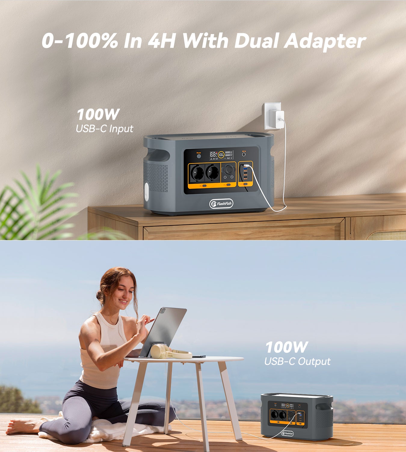 【LFP】Flashfish QE02D+2xTSP100 Solar Genrator丨1008Wh+200W