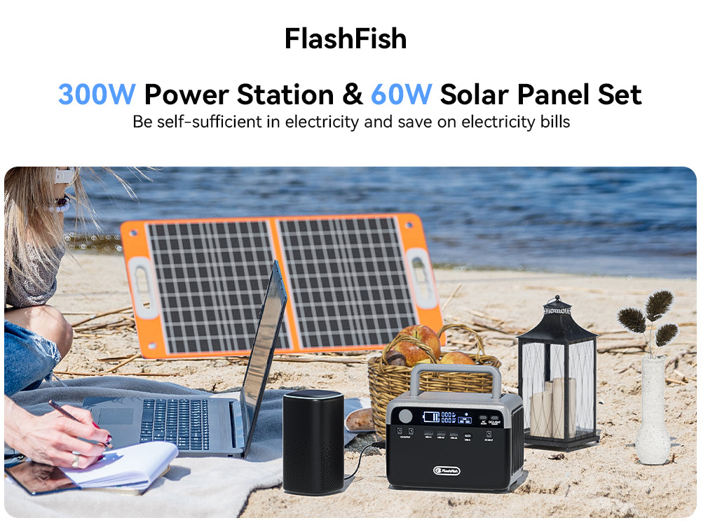 【LFP】Flashfish BP030B+TSP60 Solar Generator Kit | 300W 230.4Wh/72000mAh + 60W Solar Panel | Pure sine wave | Lithium iron phosphate battery