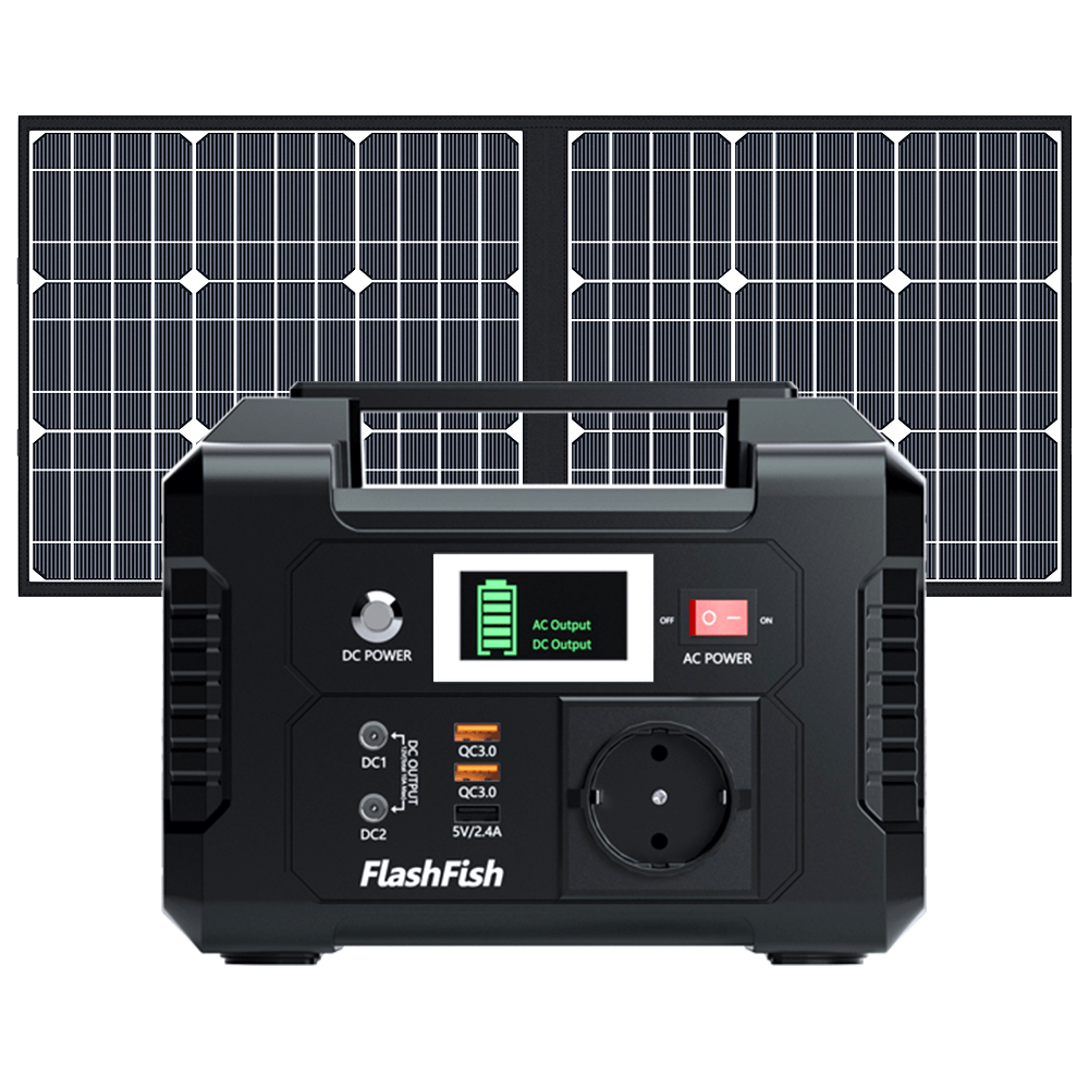 Real-time battery status and LED flashlight on the FlashFish E200 Portable Power Station.