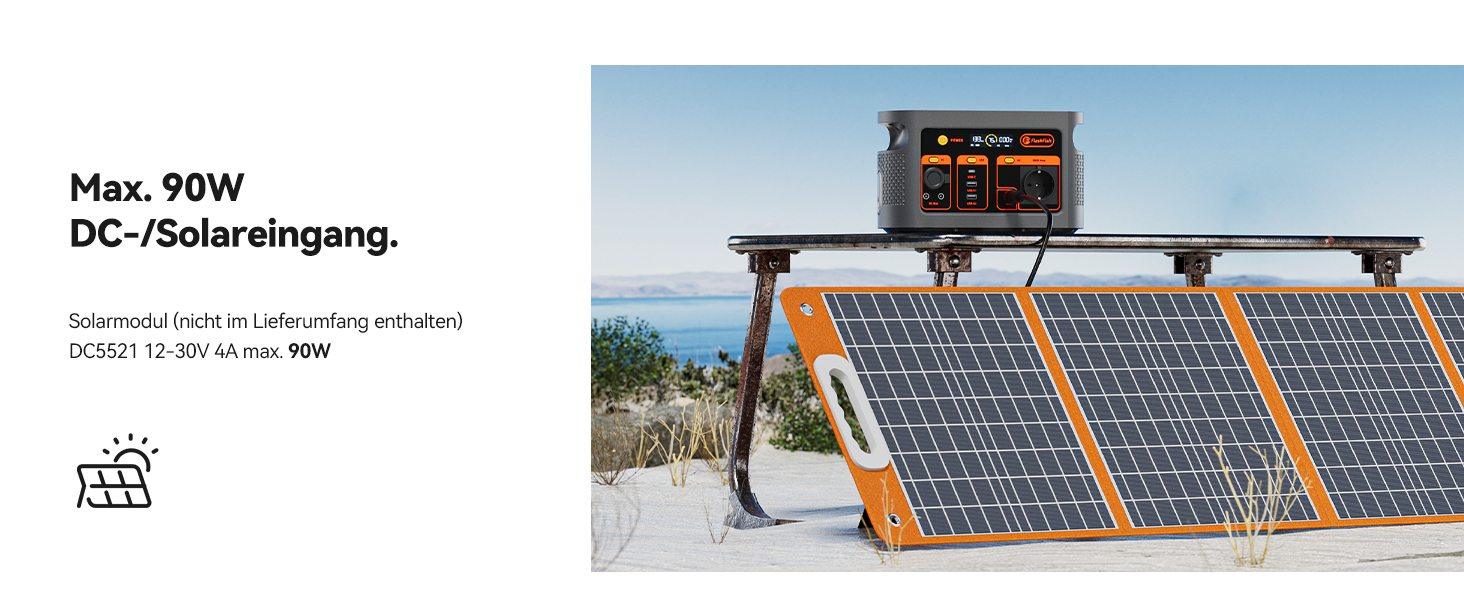 FlashFish E103+TSP60 Solar Generator Kit【LFP】-300W+60W with a solar panel generating max 90W DC power.