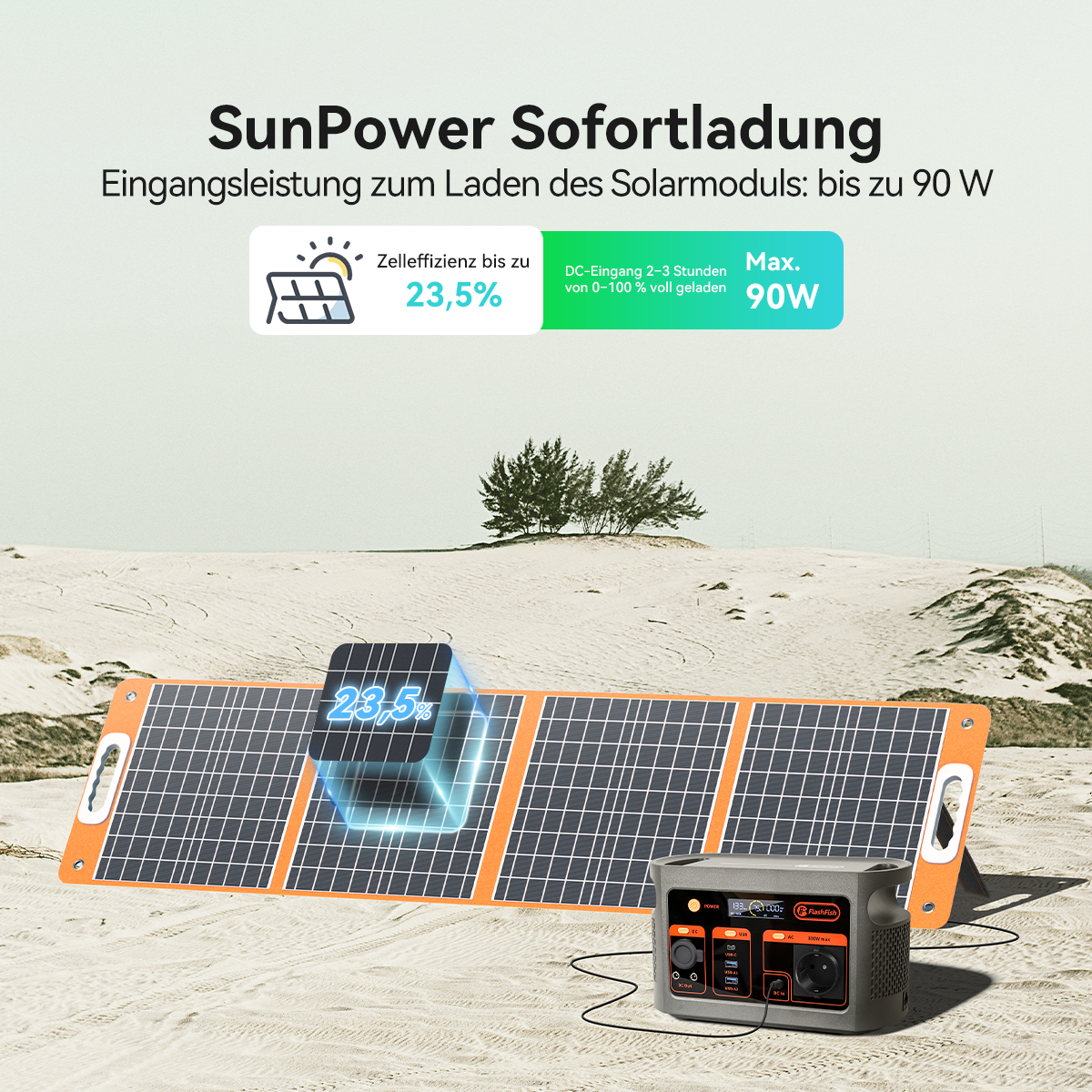 SunPower sofortladung solar panel with efficiency up to 23.5% and 90W output capability in outdoor setting.