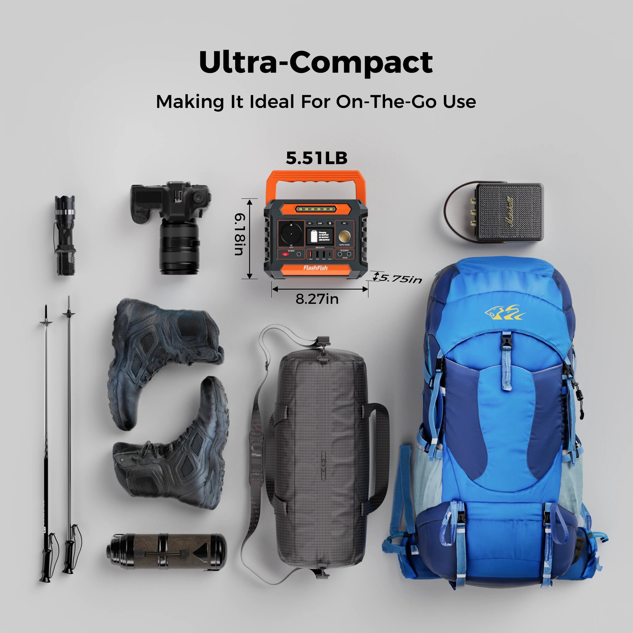 FlashFish compact portable power station size shown with outdoor gear