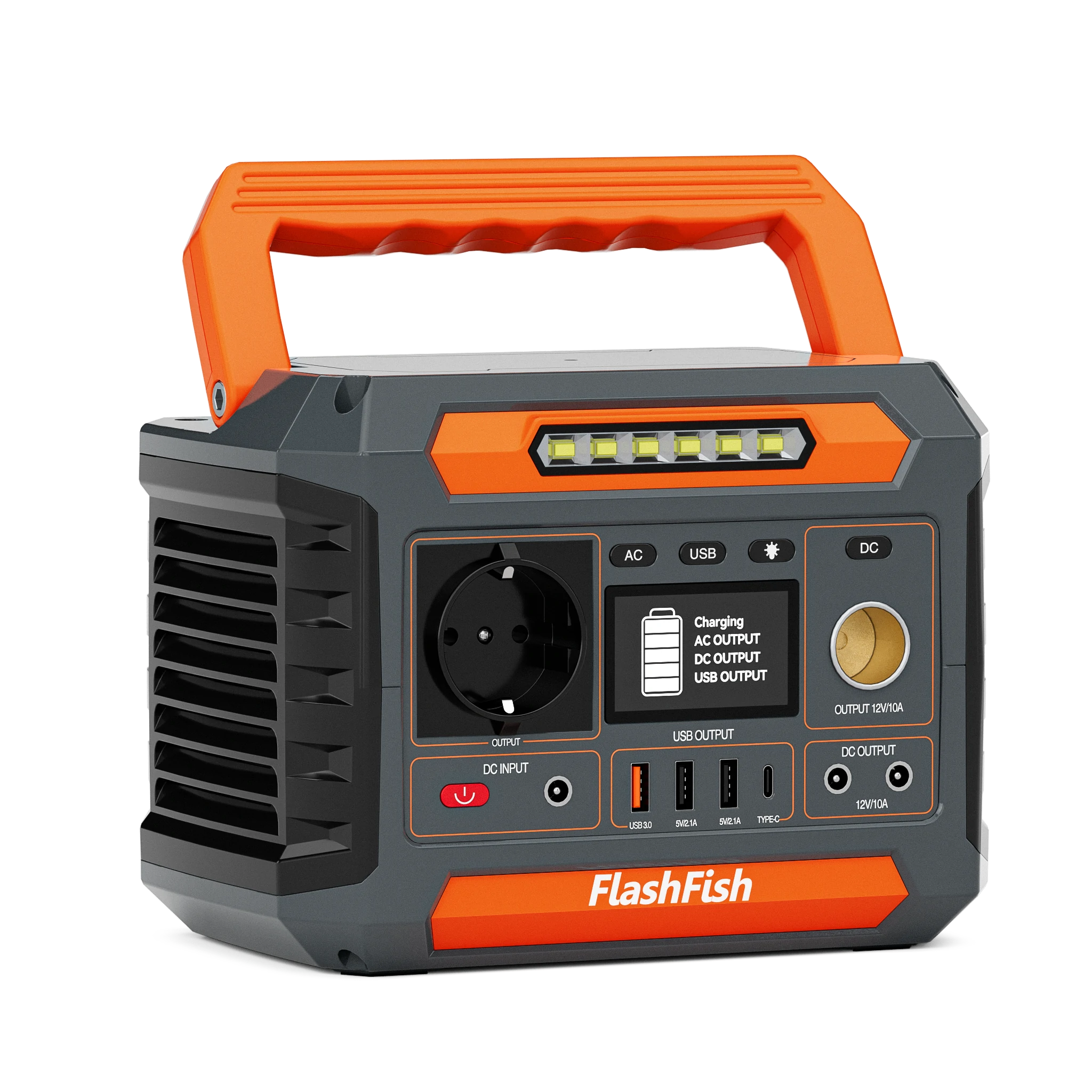 FlashFish P66A 200W 144Wh portable power station, angled front view with side vents