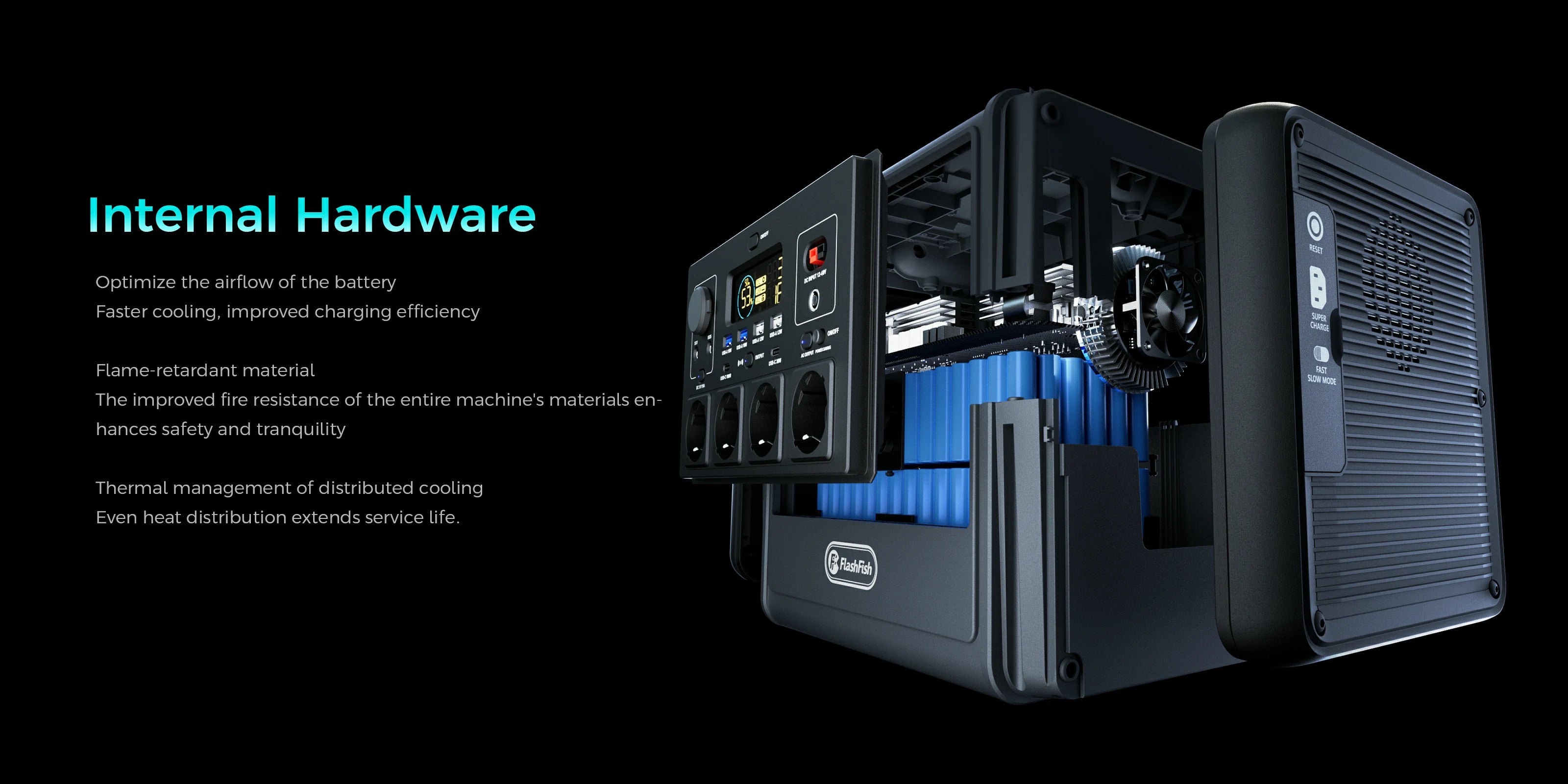 Optimized battery airflow for faster cooling and improved charging efficiency; improved fire resistance of the entire device using flame-retardant materials, enhancing safety and quietness; distributed heat dissipation for uniform heat dissipation and extended service life.