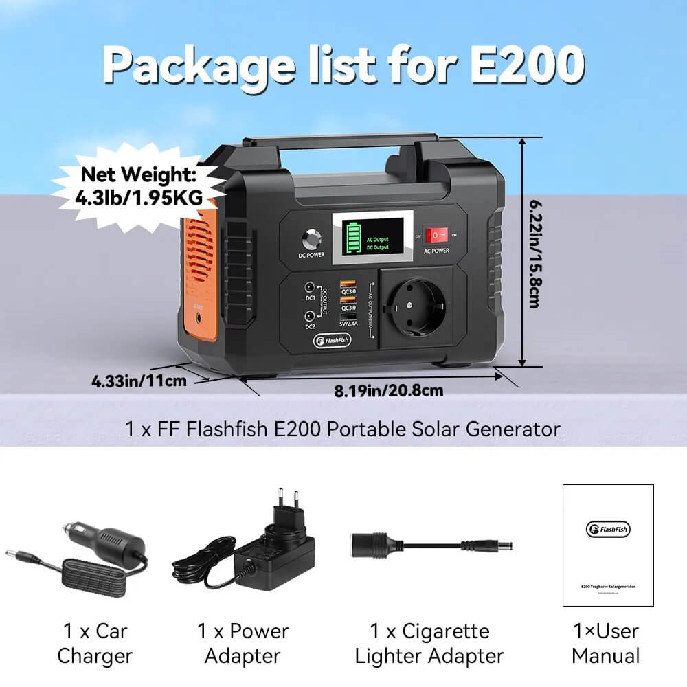 Multiple ports and ultra-compact design of the FlashFish E200 Portable Power Station.