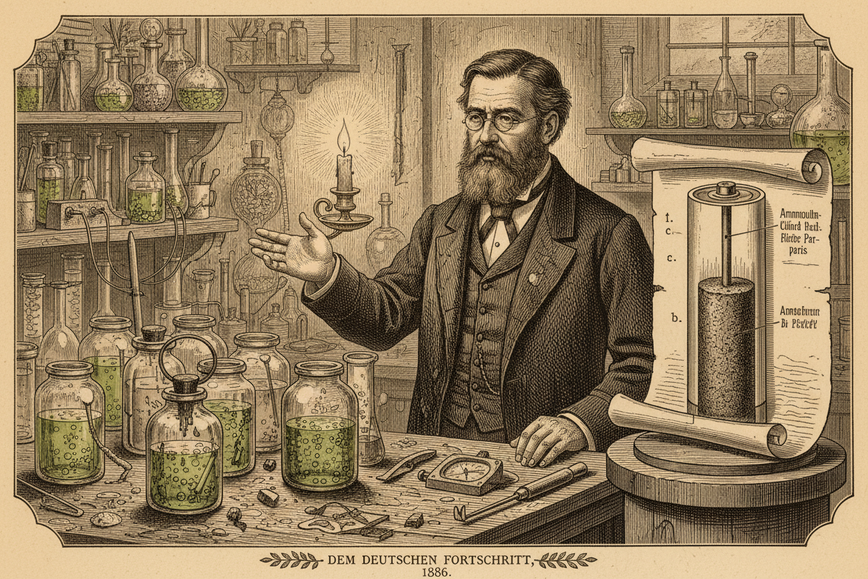 German scientist Carl Gassner patented the first successful "dry cell." By using a paste of ammonium chloride mixed with plaster of Paris, he created a battery that worked in any position.