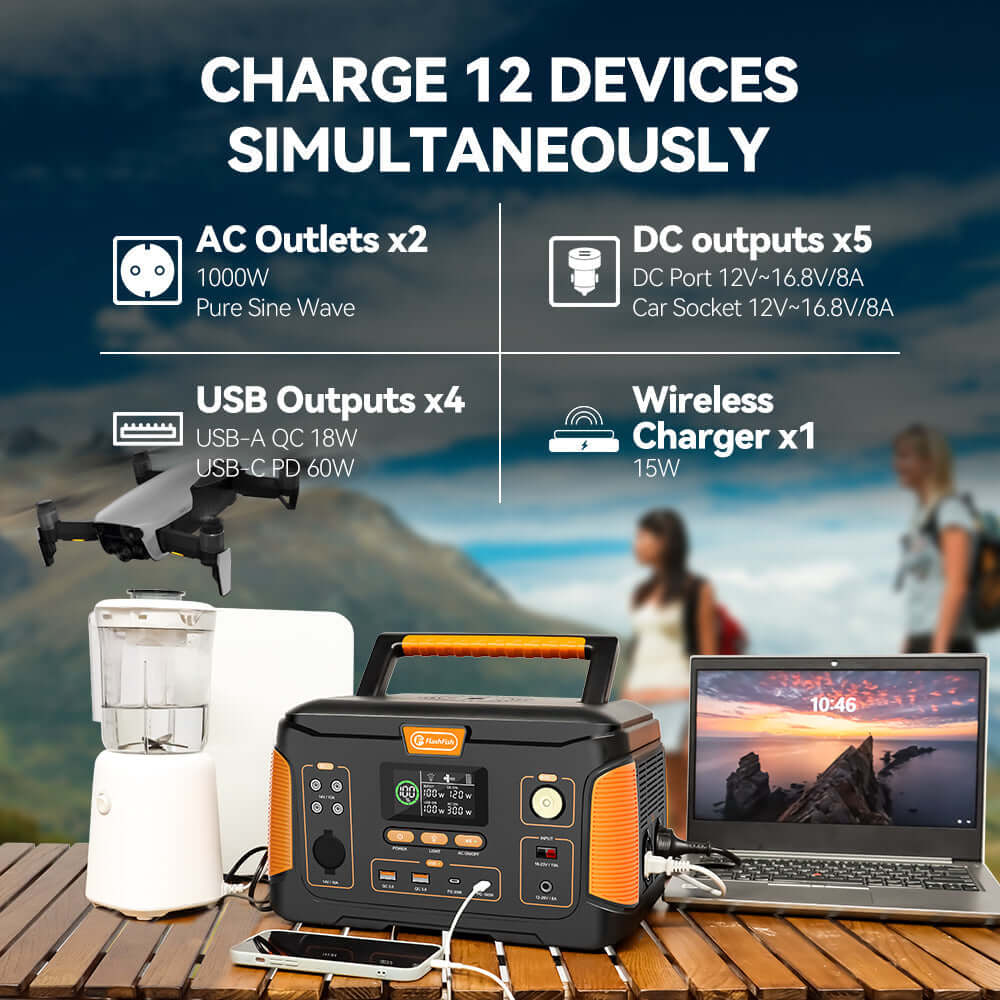 ![FlashFish J1000 Plus Portable Power Station in a dark room powering a lamp and laptop during a blackout]