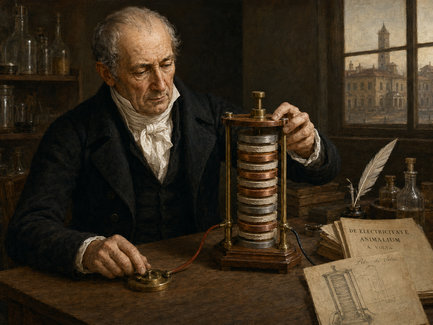 Alessandro Volta studies the Voltaic pile.