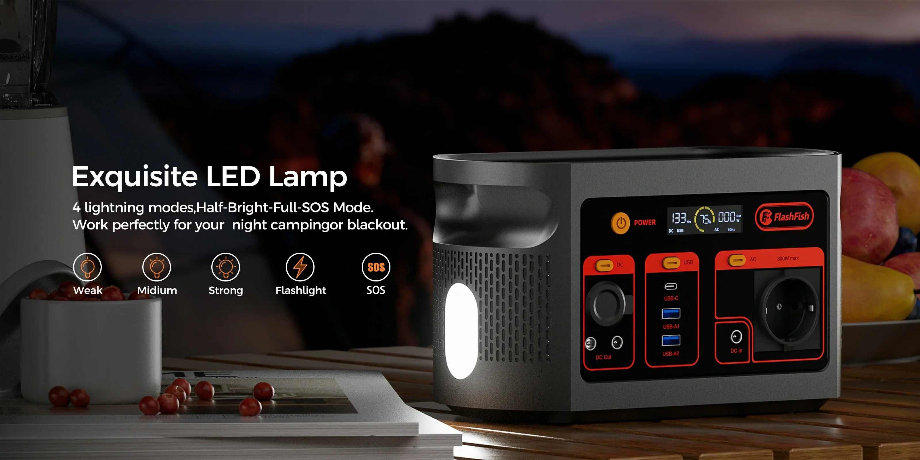 FlashFish E103 lighting a night camping table for a compact power station comparison