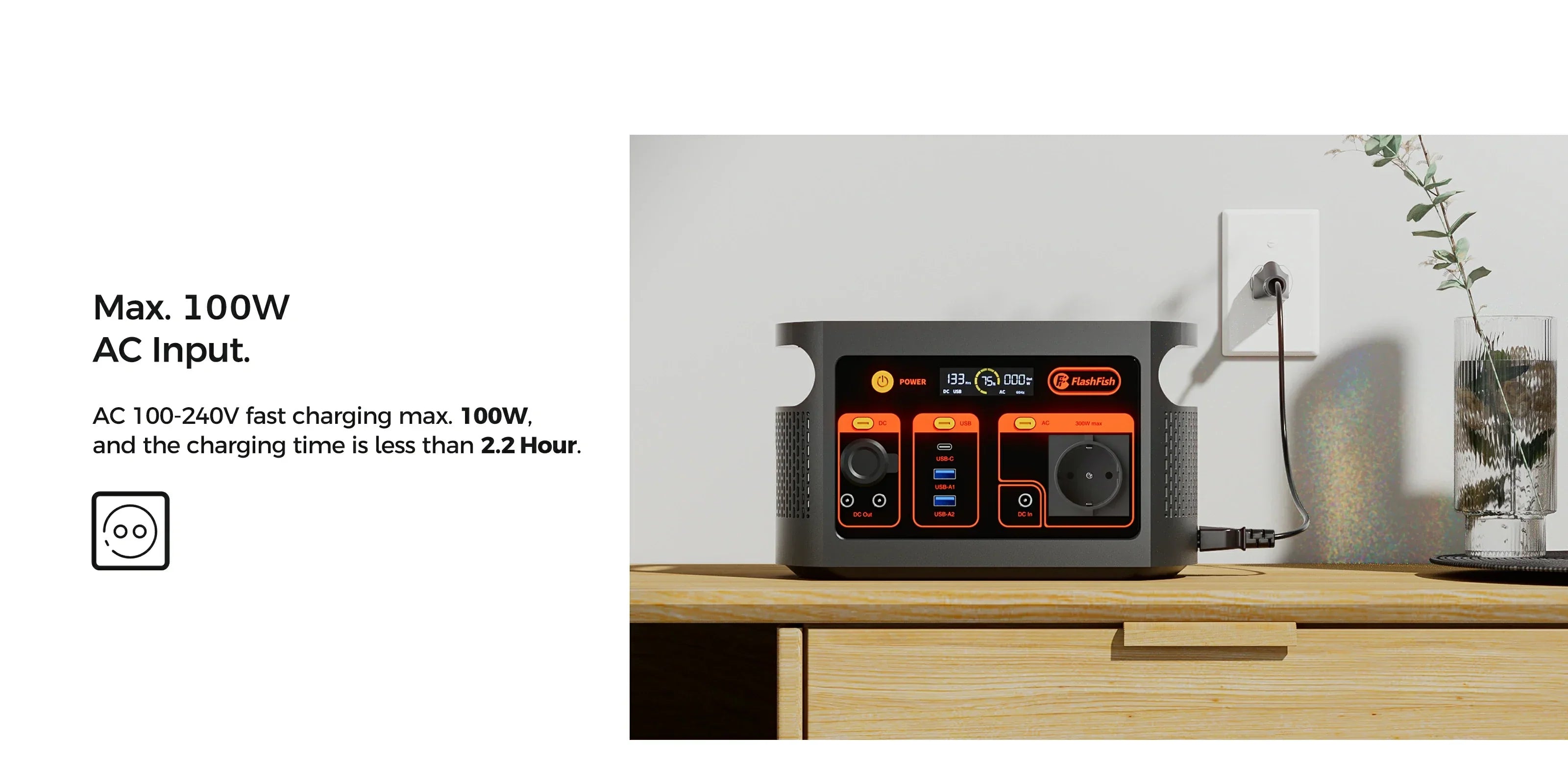 FlashFish E103 connected to wall charging in a home setting for an input and output watts guide