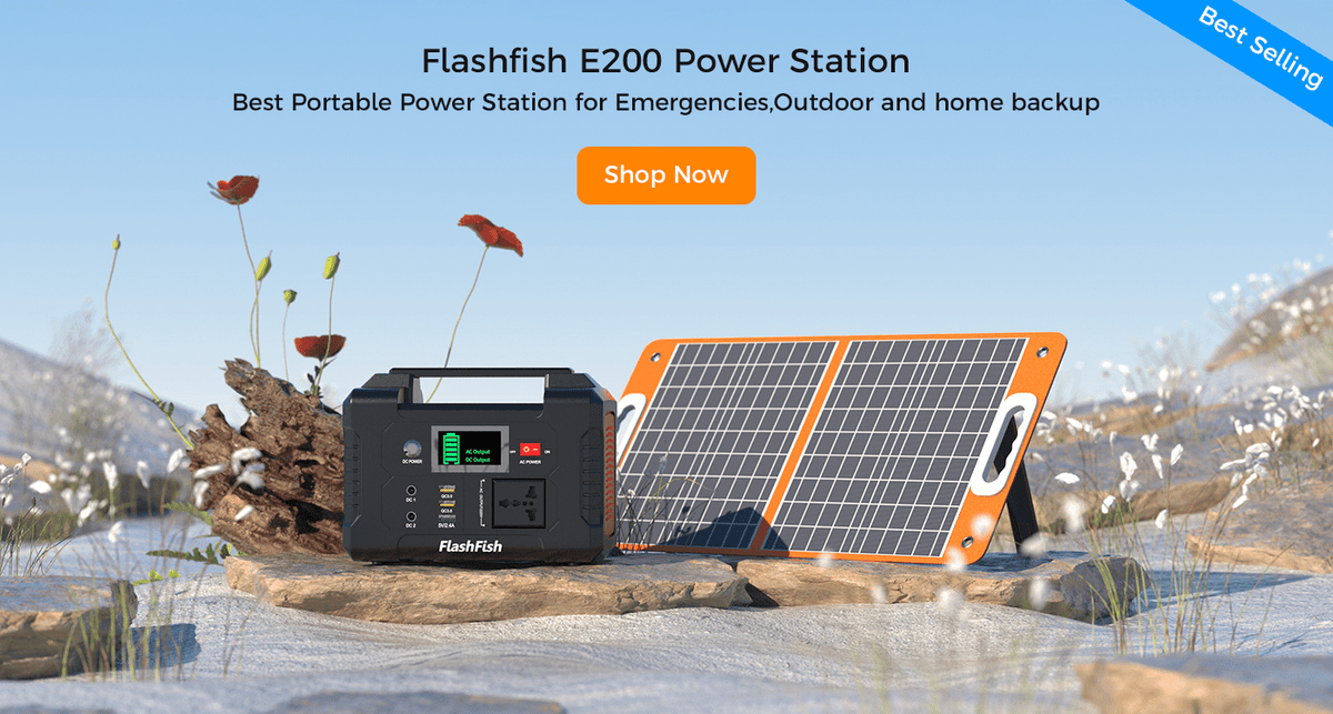 FlashFish E200 connected to a 60W foldable solar panel at a campsite