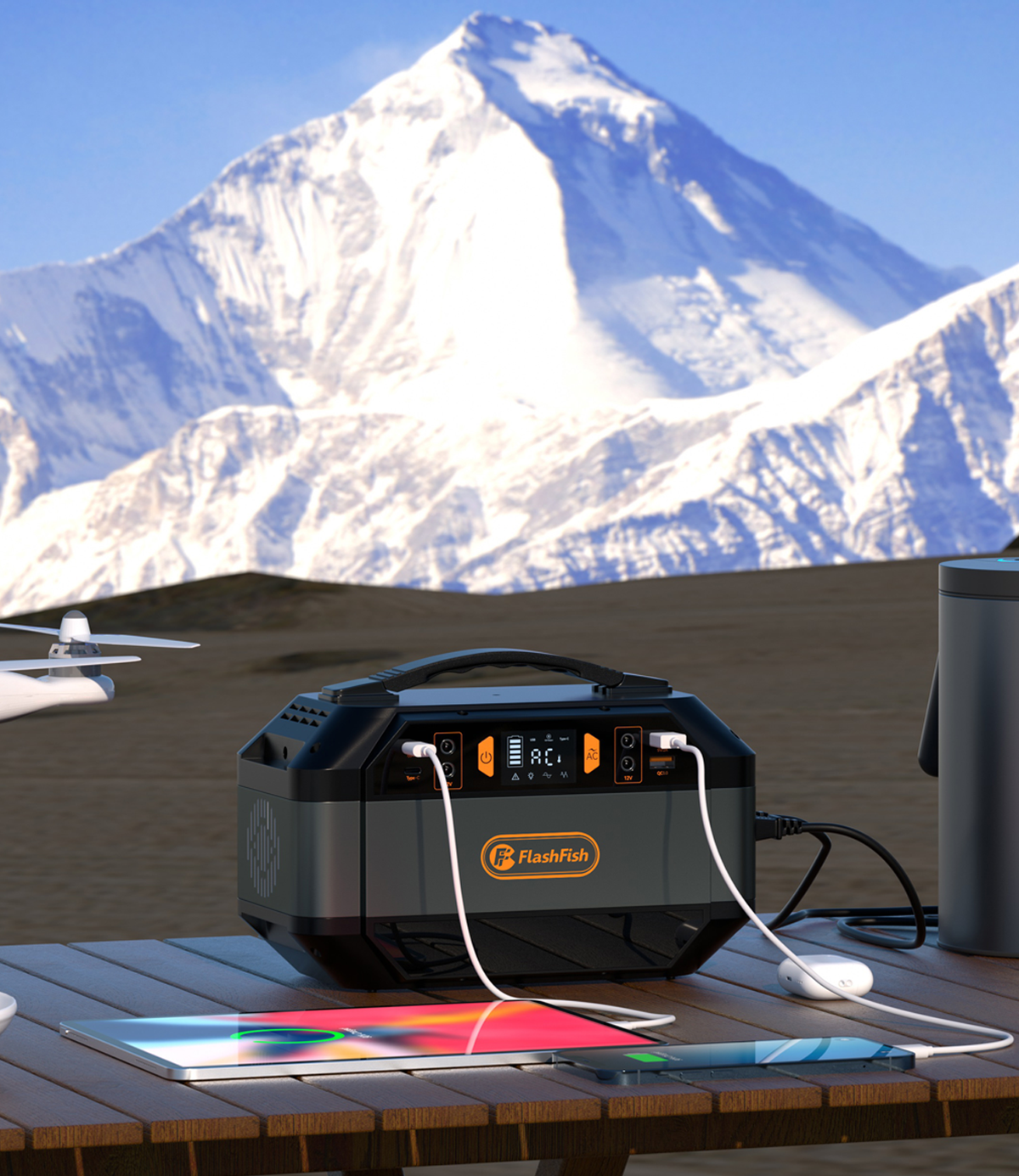 FlashFish P56 portable power station in an outdoor camping scene