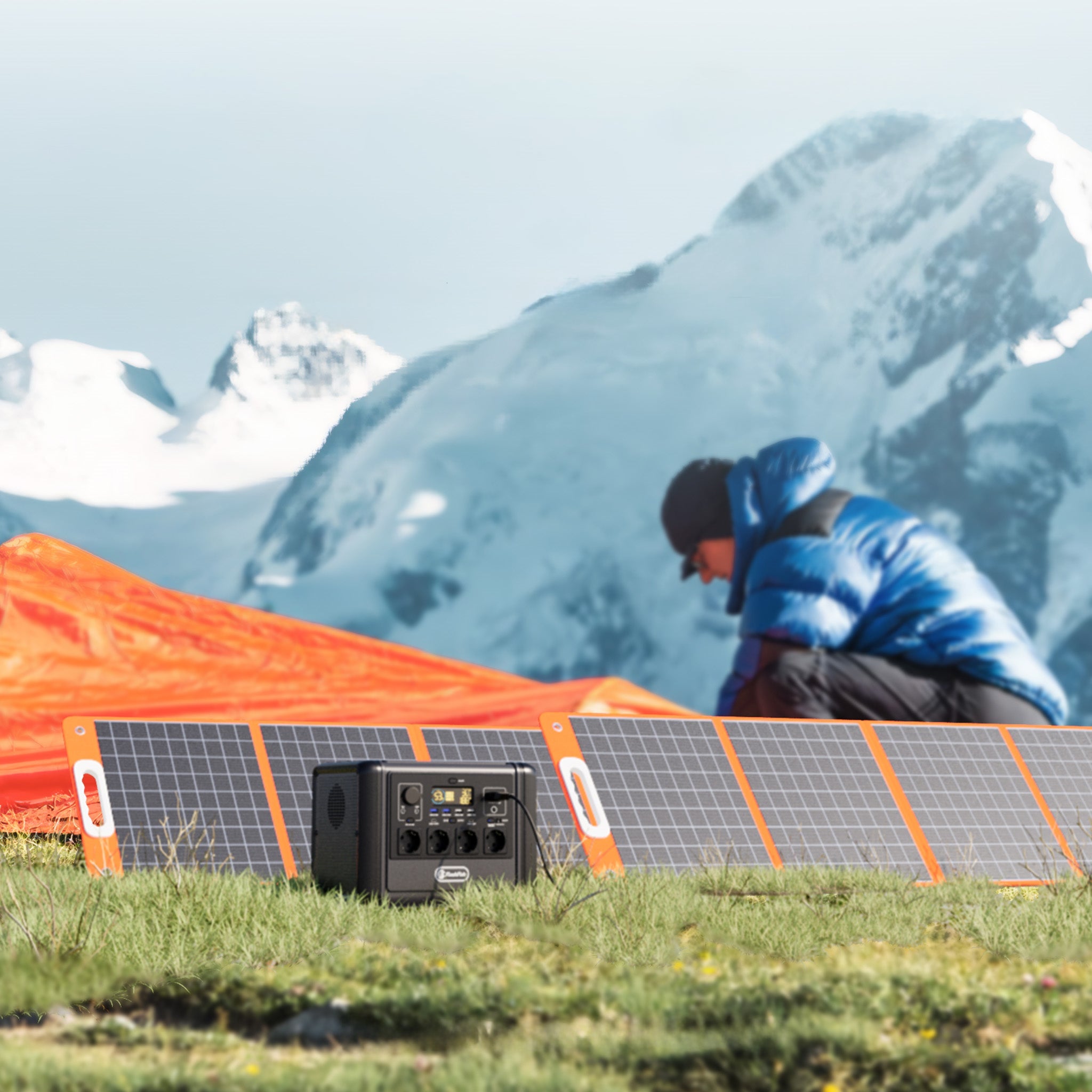 Two FlashFish foldable solar panels at a mountain campsite for a T1200S panel-count decision