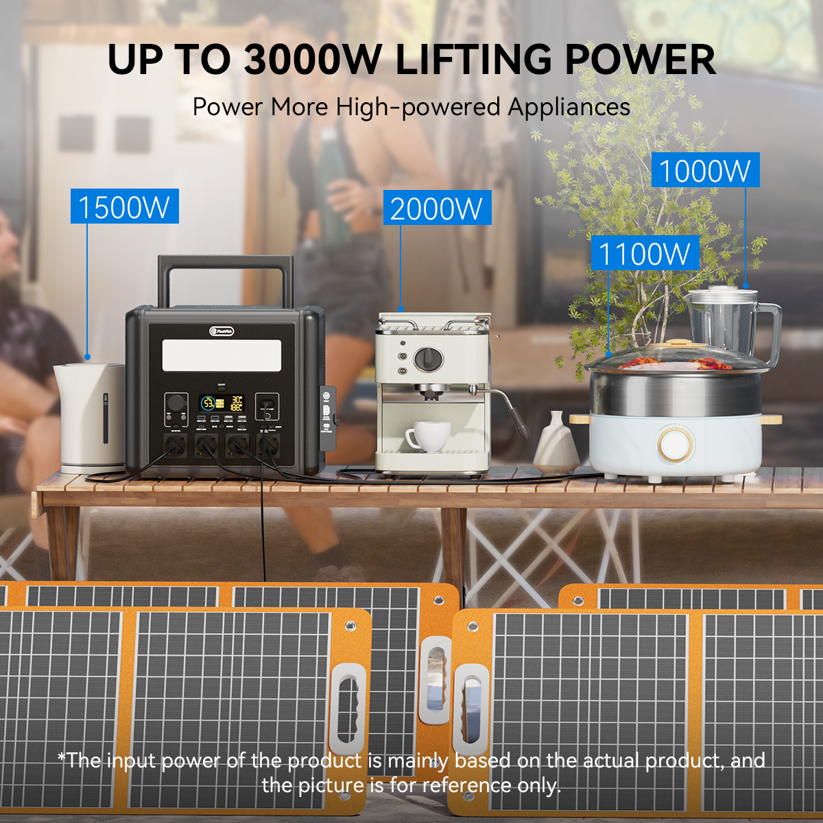 FlashFish T2000 LiFePO4 power station powering appliances with solar panels