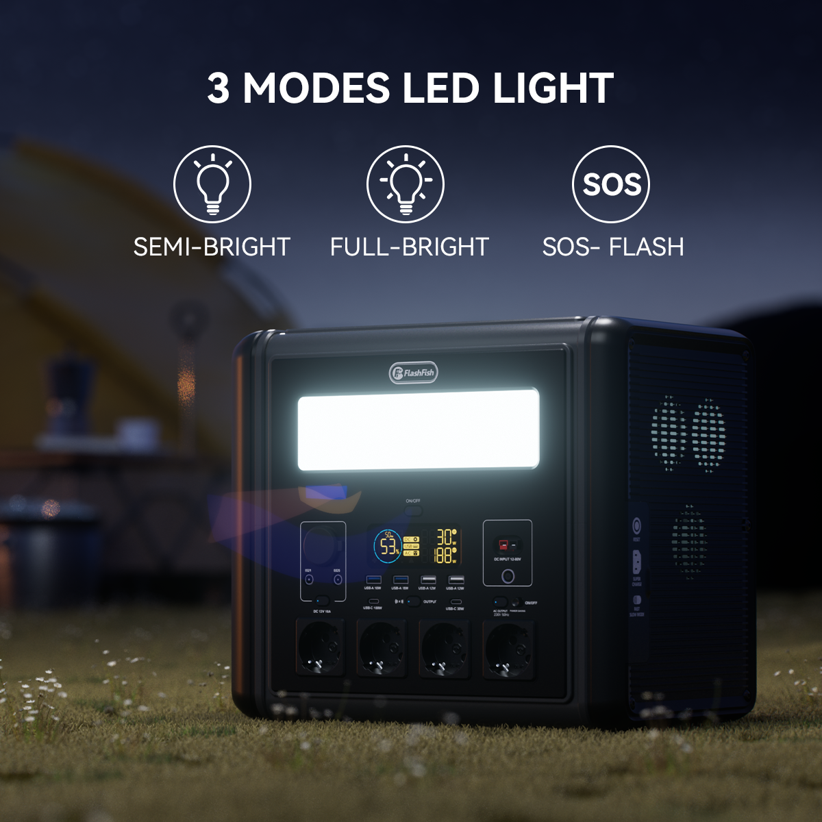FlashFish T2000 illuminated outdoors for a source-based comparison with Anker SOLIX C2000 Gen 2