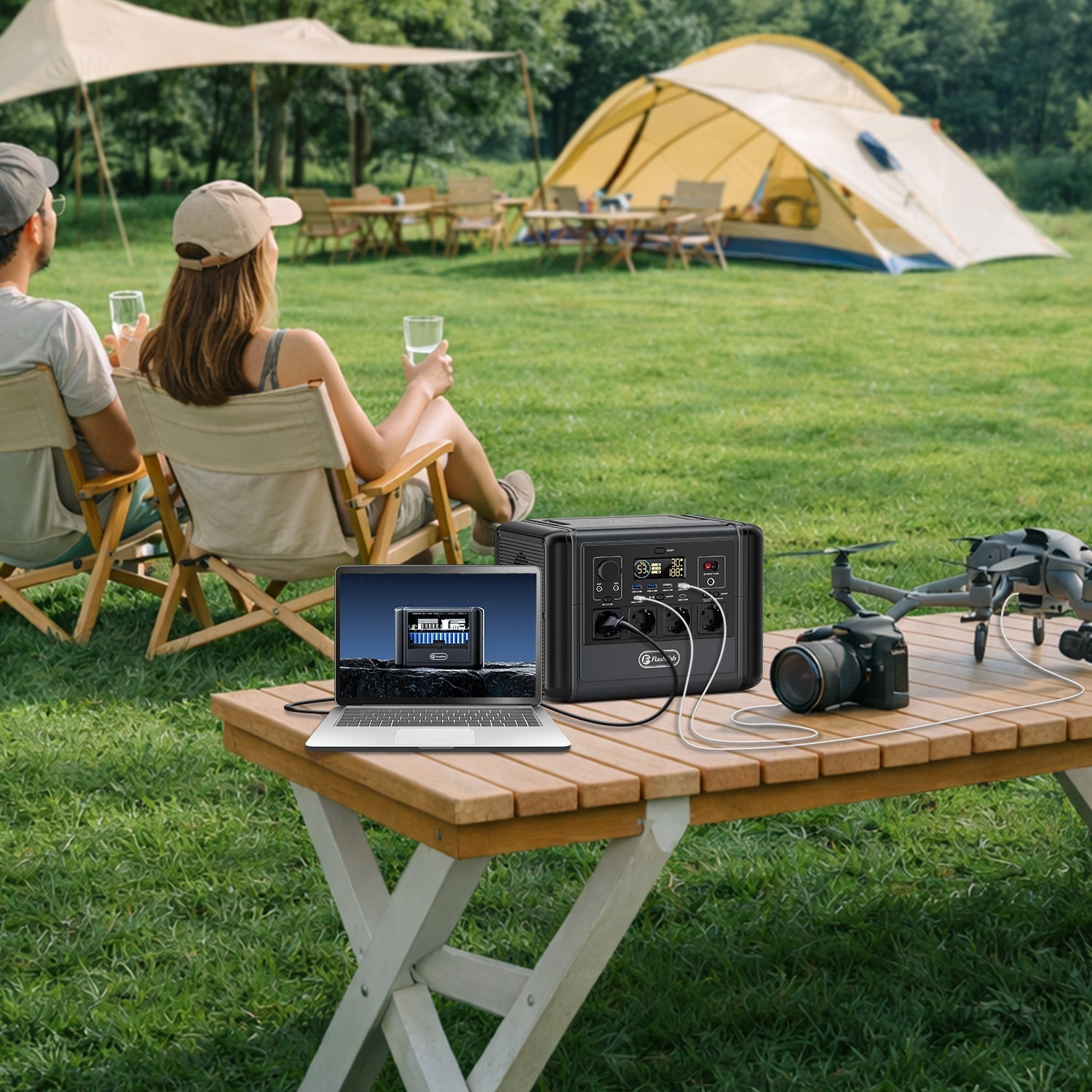 FlashFish T2000 powering a laptop and camera at a campsite