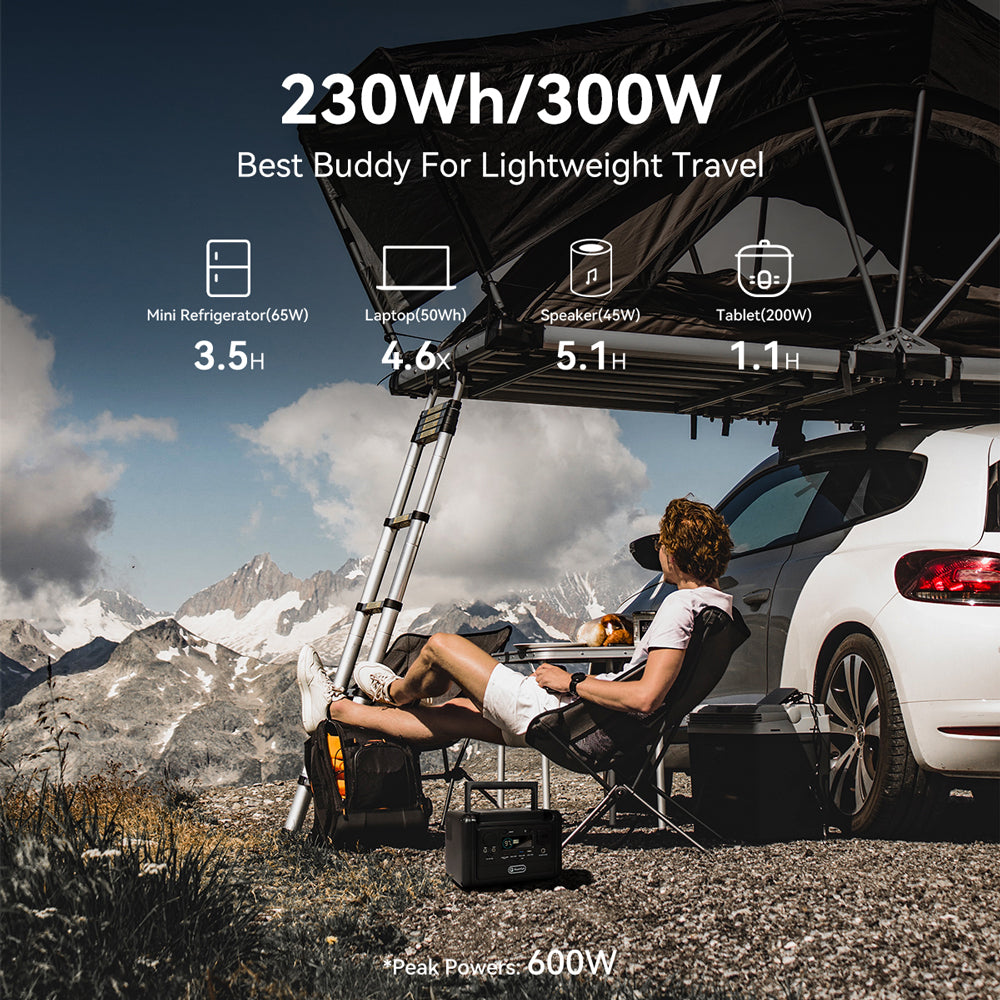 FlashFish T300PRO portable power station with laptop and camera equipment outdoors
