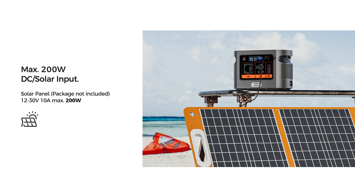 FlashFish E106B connected to a portable solar panel beside its 12–30V 10A 200W input limits
