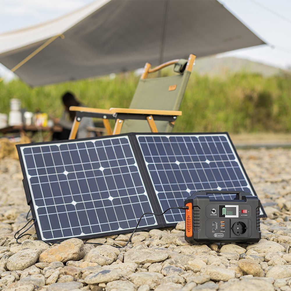 FlashFish E200 and TSP60 solar generator kit set up at a campsite