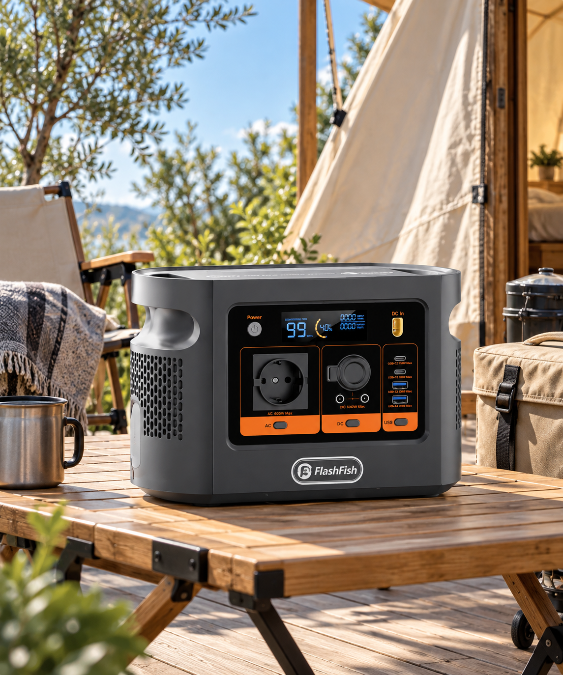 FlashFish E106B portable power station beside a tent at an outdoor campsite