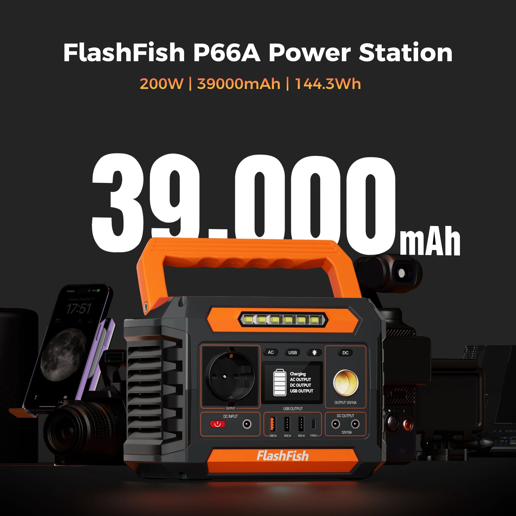 FlashFish P66A 200W 144Wh portable power station, 39000mAh capacity product graphic