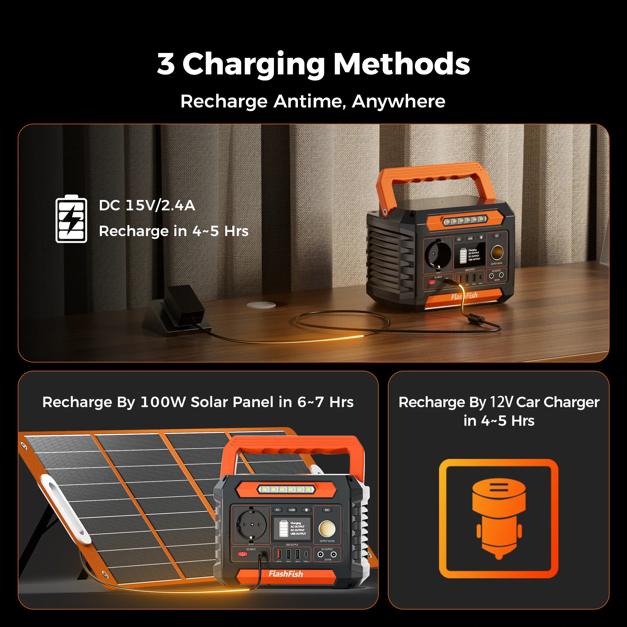 FlashFish compact portable power station solar, wall and car charging methods