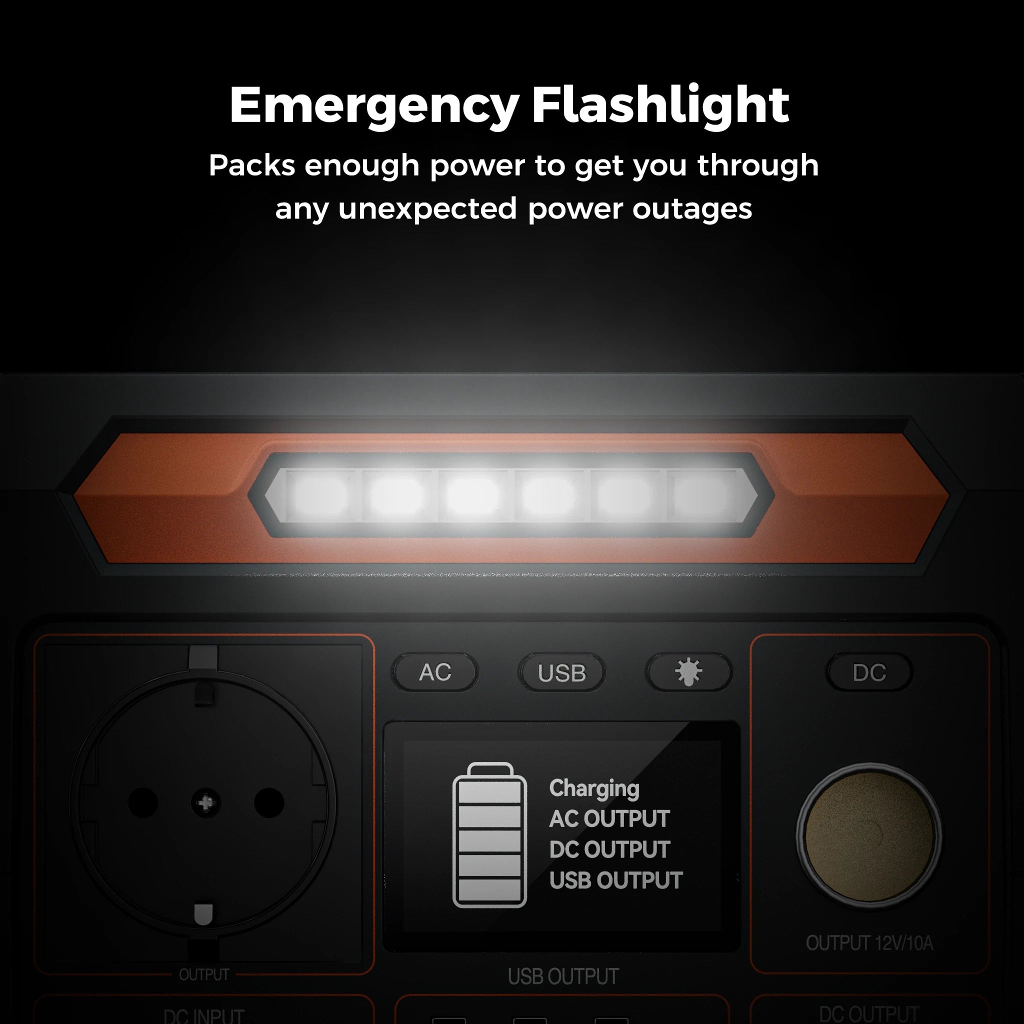 FlashFish P66A 200W 144Wh portable power station, emergency flashlight close-up