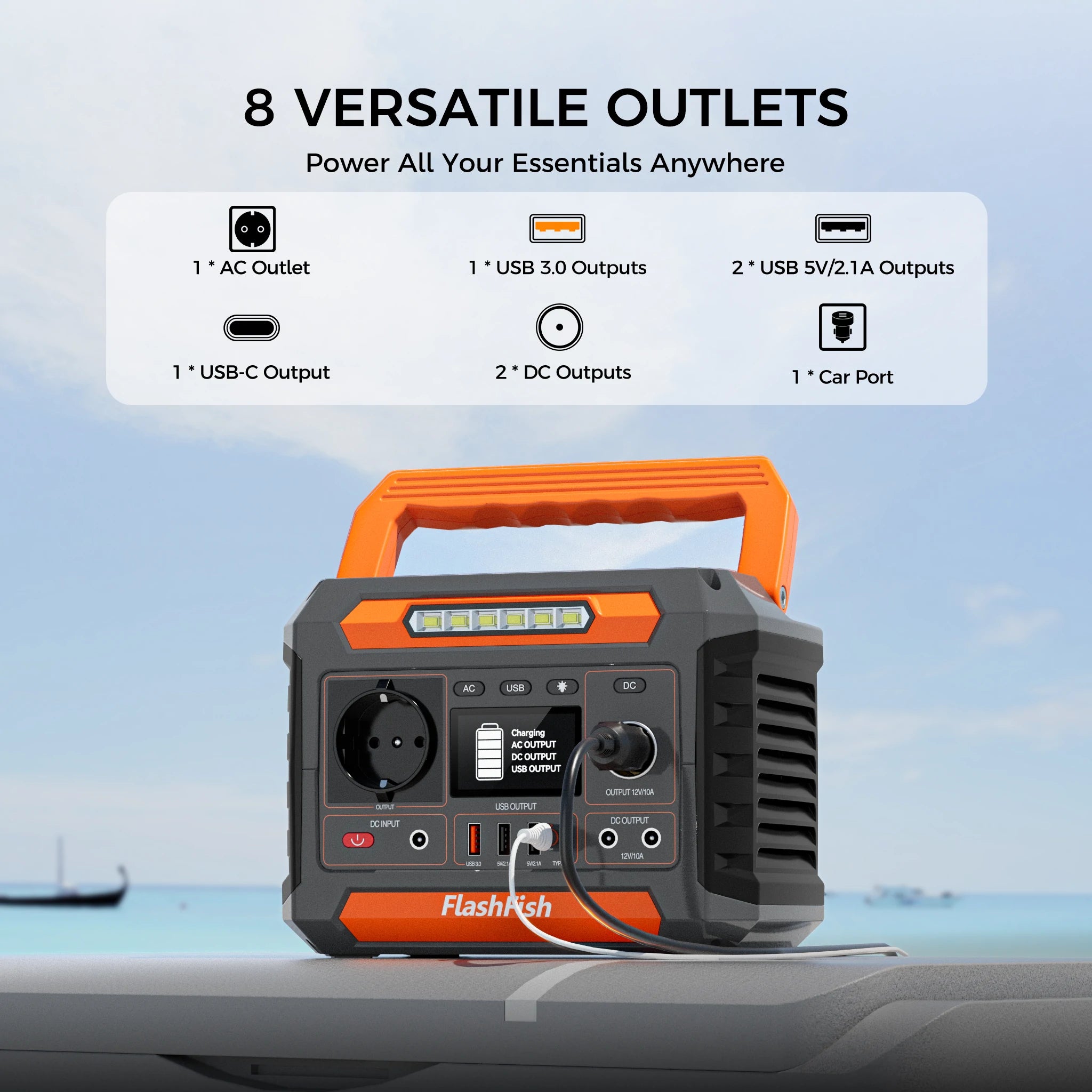 FlashFish P66 300W 230Wh portable power station, eight outlet layout with AC, USB and DC ports