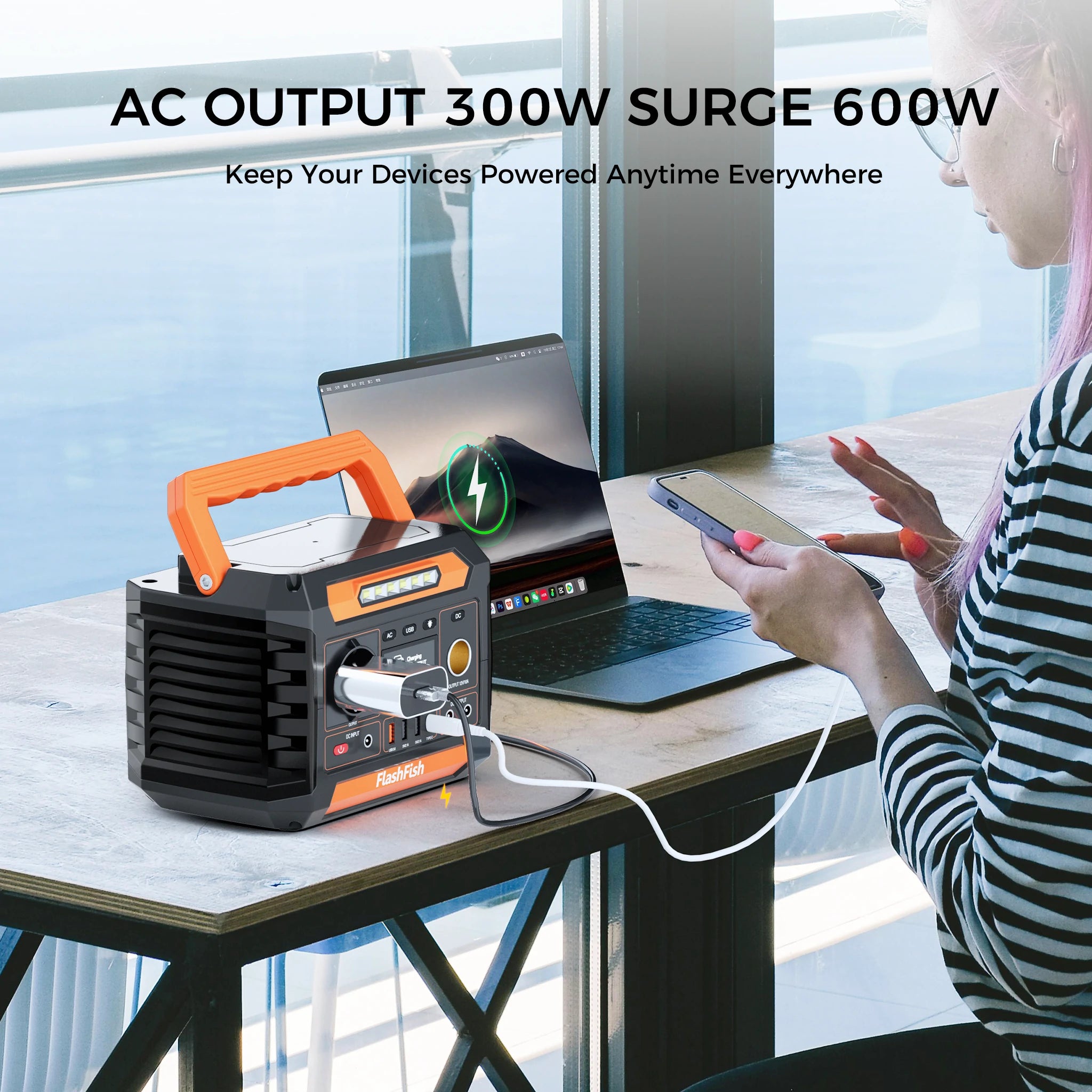 FlashFish P66 300W 230Wh portable power station, powering home devices with 300W AC output