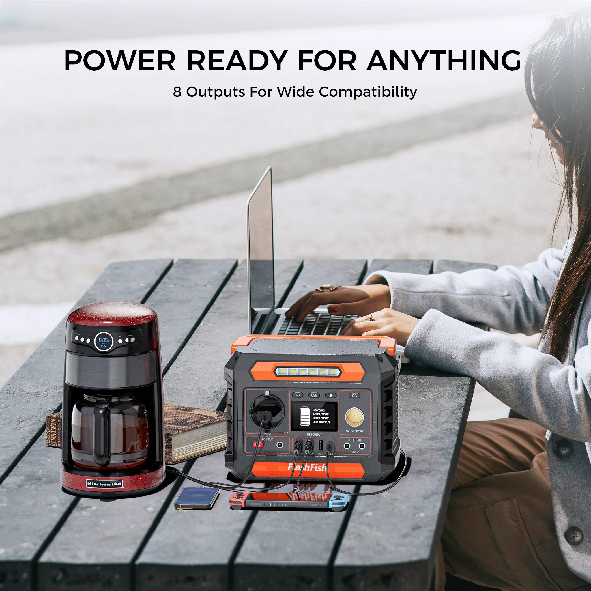 FlashFish P66 300W 230Wh portable power station, outdoor table power for camping gear