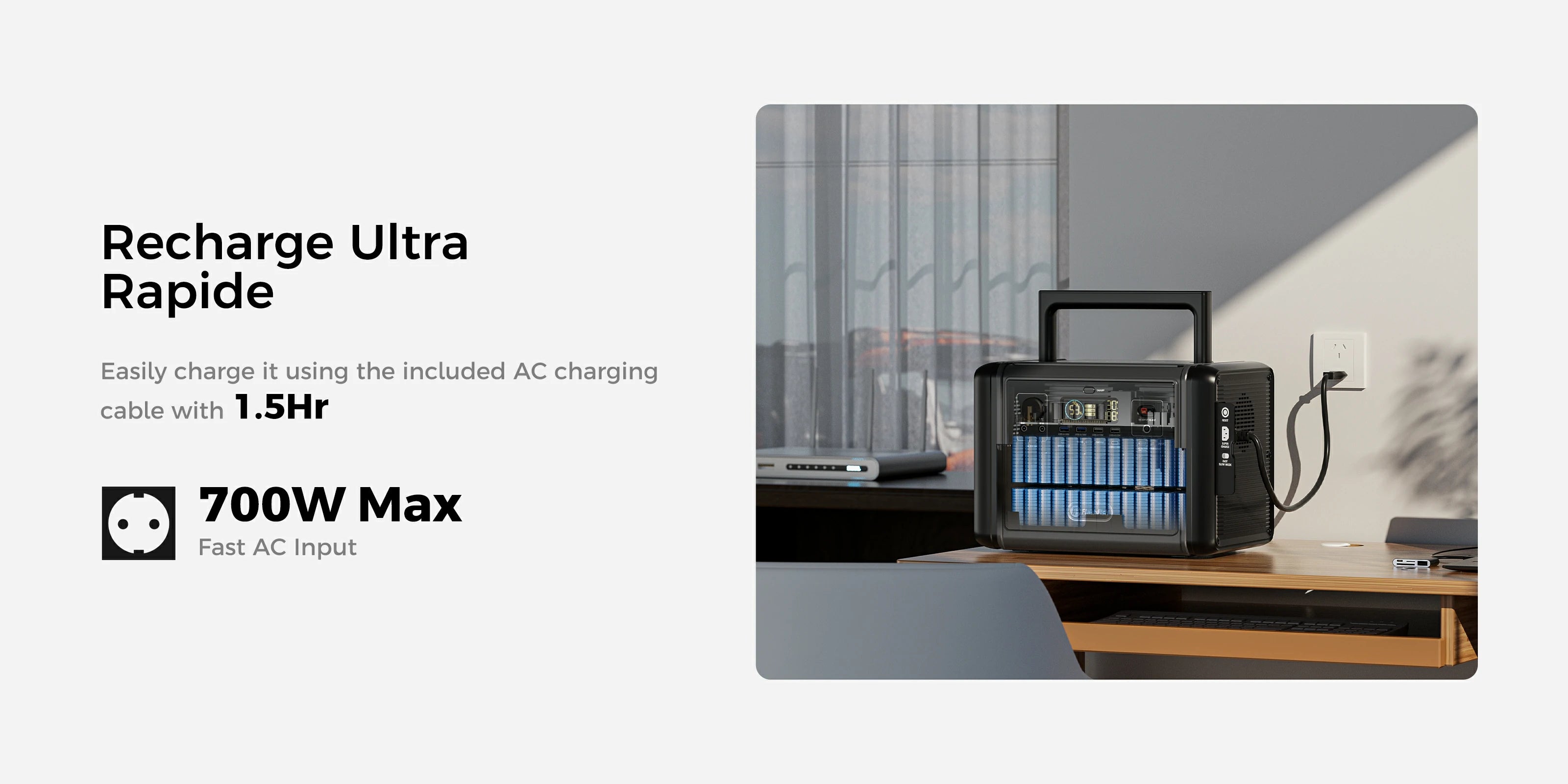 The T1200s has a maximum input power of 700W for home charging and can be fully charged in 1.5 hours.
