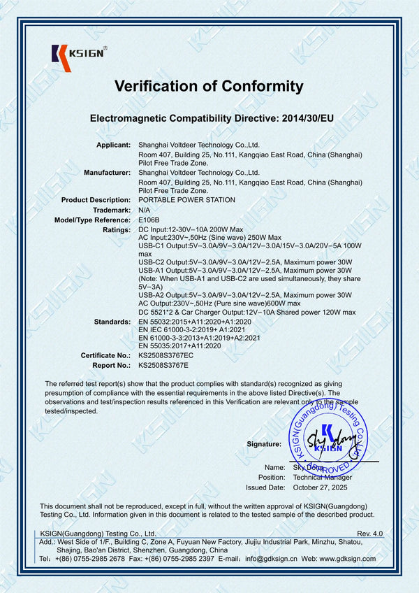 E106B — EMC — Verification of Conformity — KS2508S3767EC — page 1