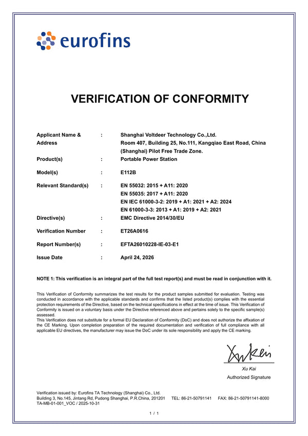 E112B — EMC — Verification of Conformity — ET26A0616 — page 1