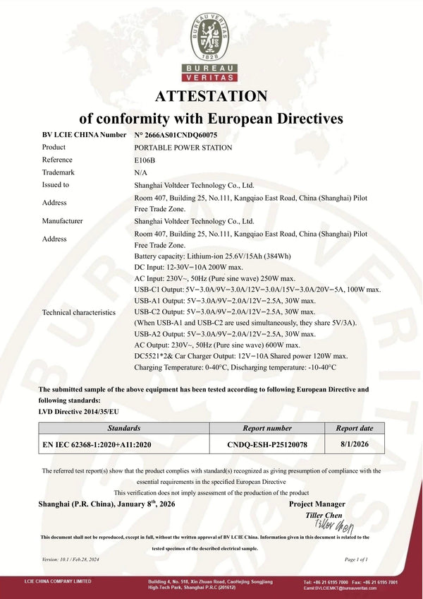 E106B — Electrical safety — LVD attestation — 2666AS01CNDQ60075 — page 1
